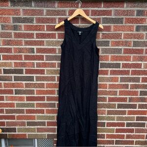 DKNY Black Linen V Neck Sleeveless Side Slits Maxi Dress